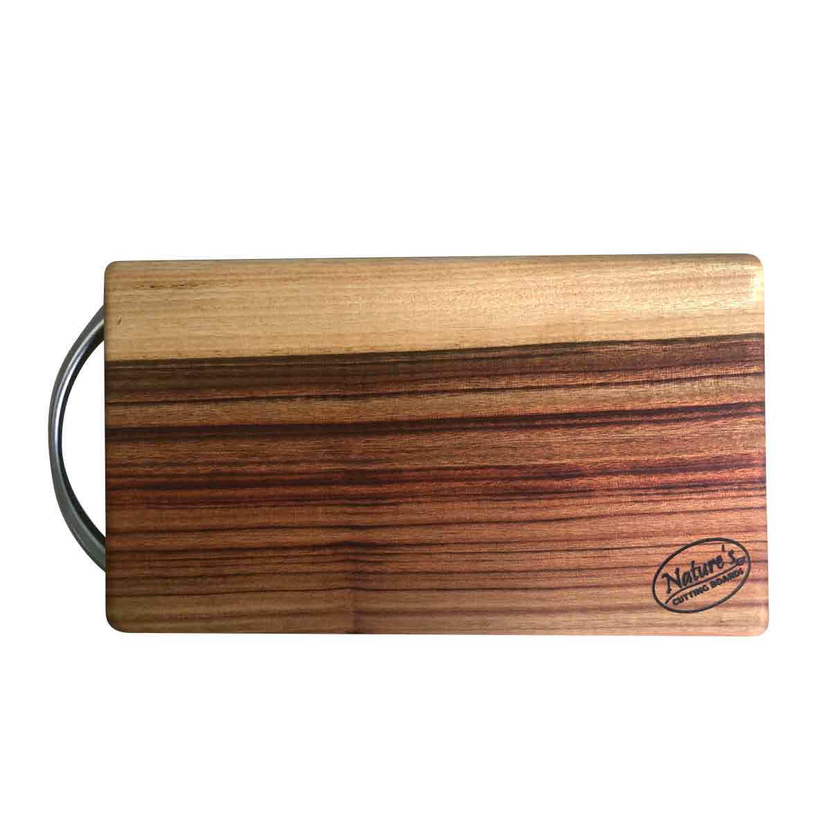 A small wood cutting or charcuterie board made of camphor laurel, with a stainless steel handle designed by Nature's Boards.