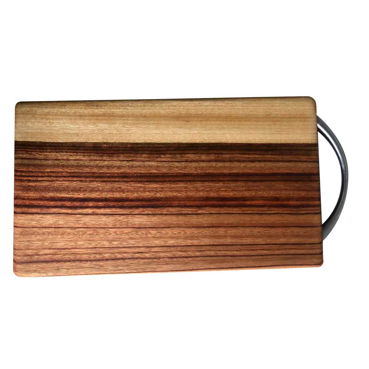 A small wood cutting or charcuterie board made of camphor laurel, with a stainless steel handle designed by Nature's Boards.