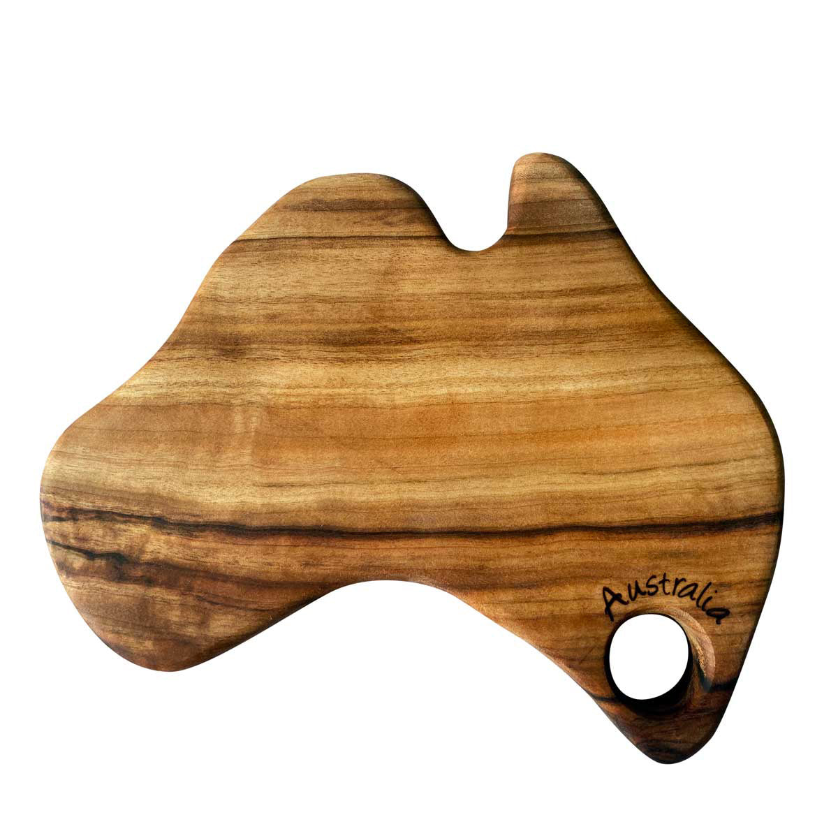 A large, Australian-shaped wood cutting board or cheese platter made from camphor laurel timber by Nature's Boards.