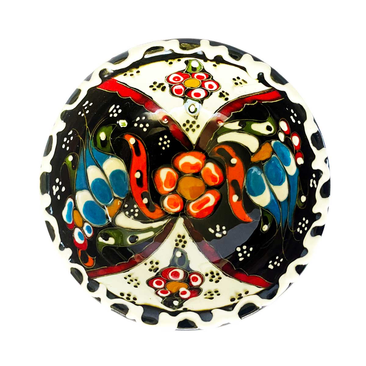 A small black handmade Turkish bowl with a colourful, patterned design.