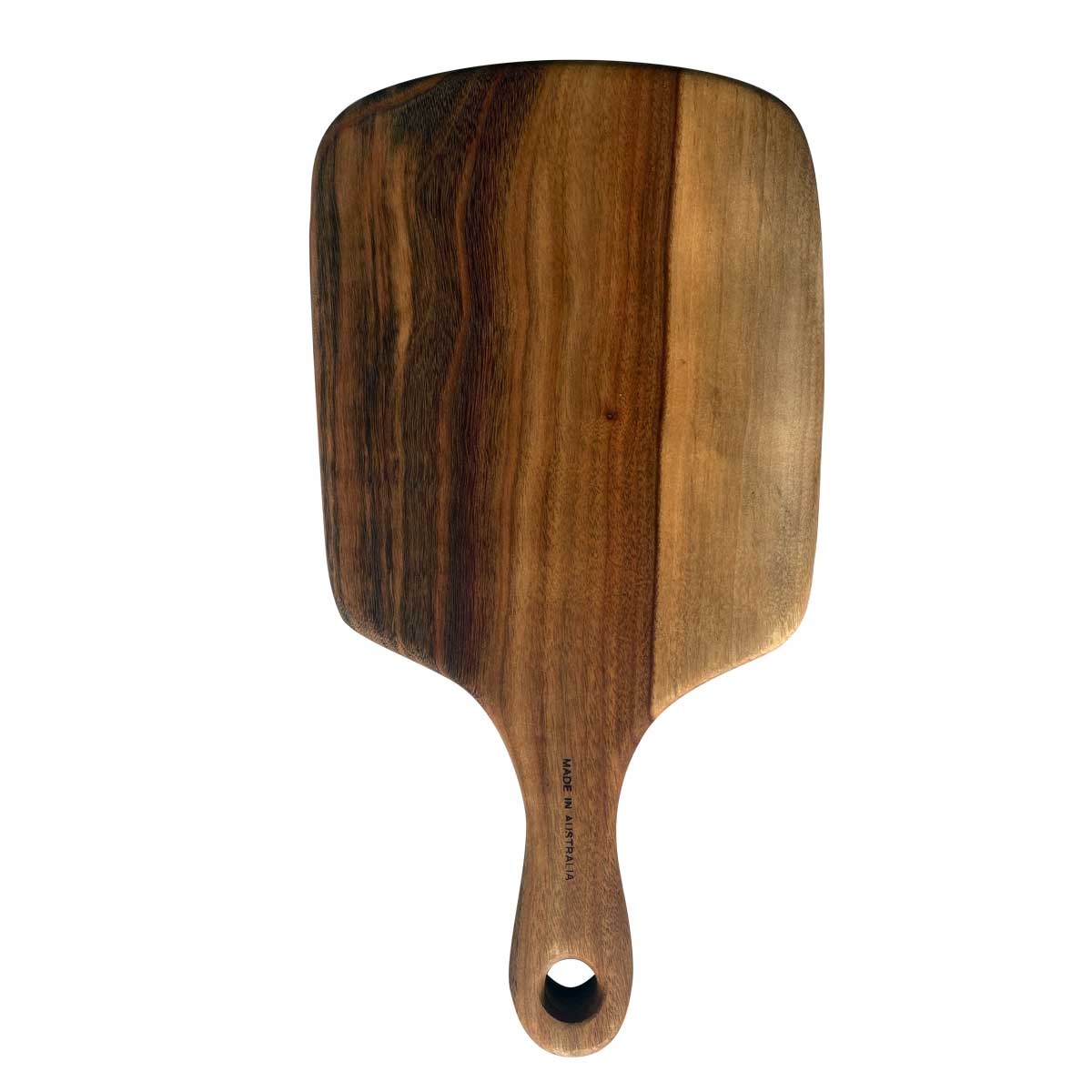 A wood charcuterie paddle or chopping board from Nature's Boards, designed with a handle in camphor laurel timber.