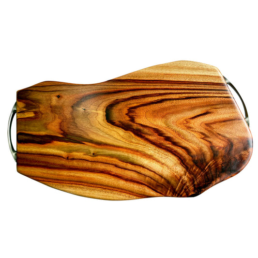A large wood serving platter or wooden chopping board with stainless steel handles, made from camphor laurel timber designed by Nature's Boards.