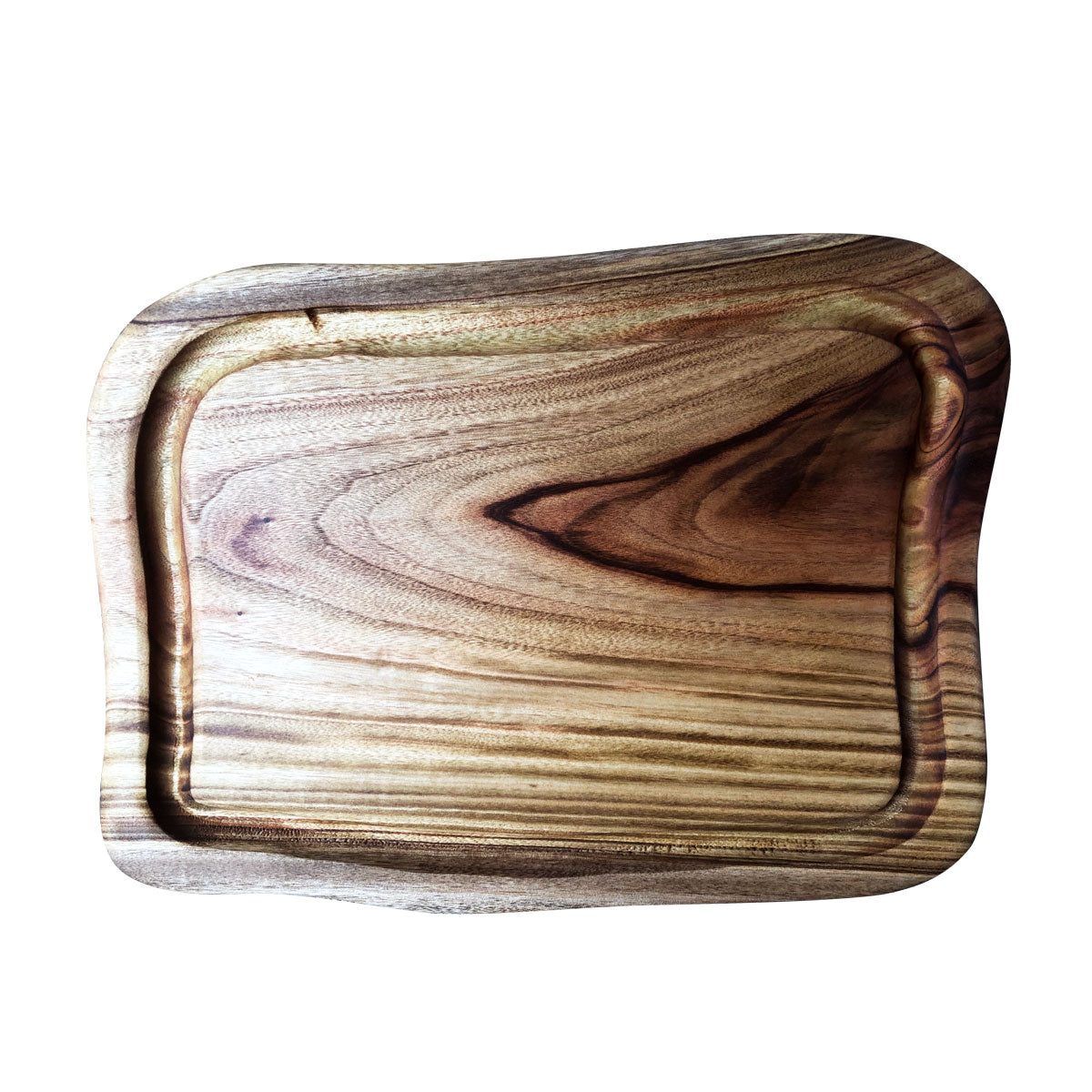 The medium size freeform, organic shaped wooden carving board with a deep groove or juice rail designed by Nature's Boards with camphor laurel timber that's naturally antibacterial.