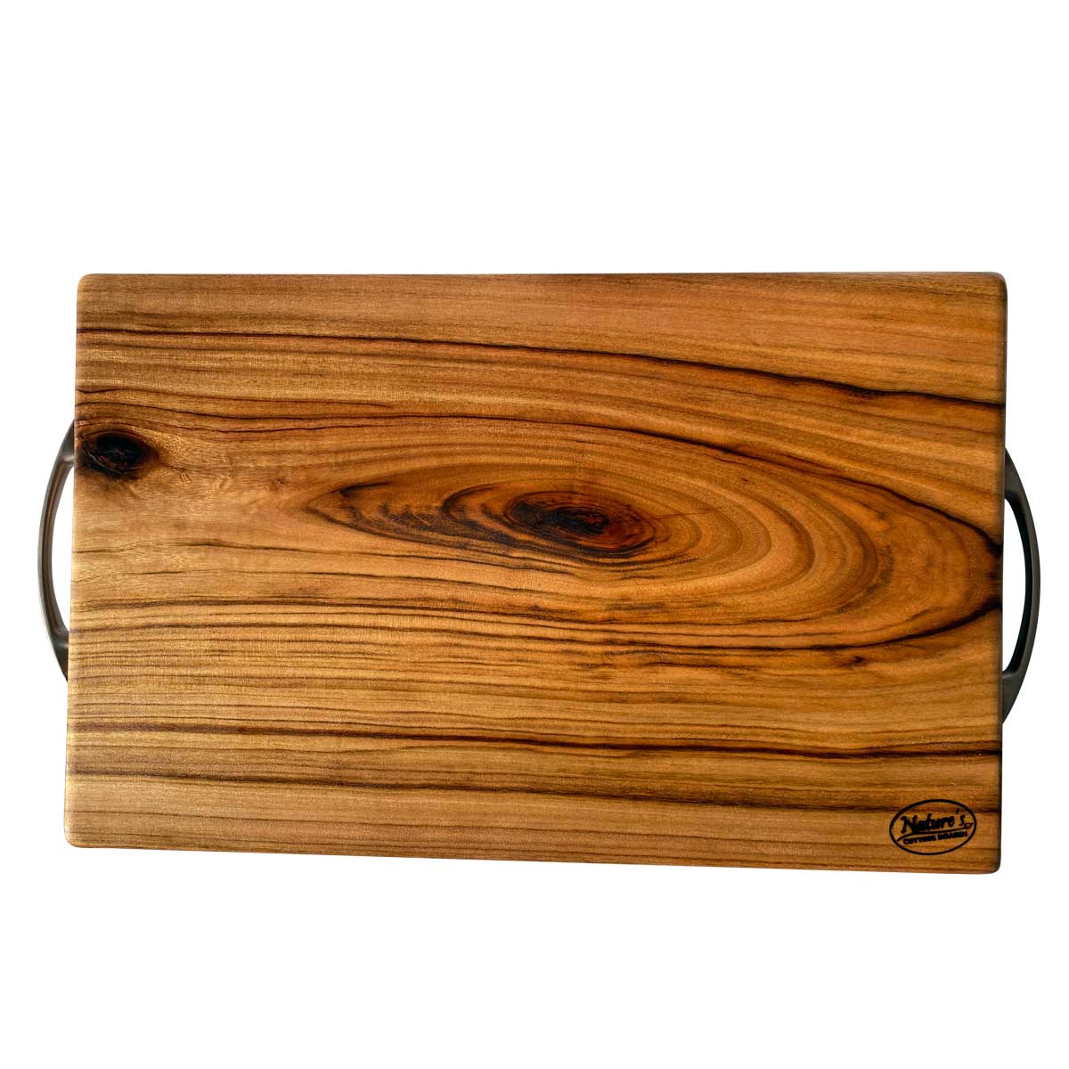 Nature's Boards large carving board's flat side opposite the deep groove or juice rail and stainless steel handles handmade from camphor laurel timber.