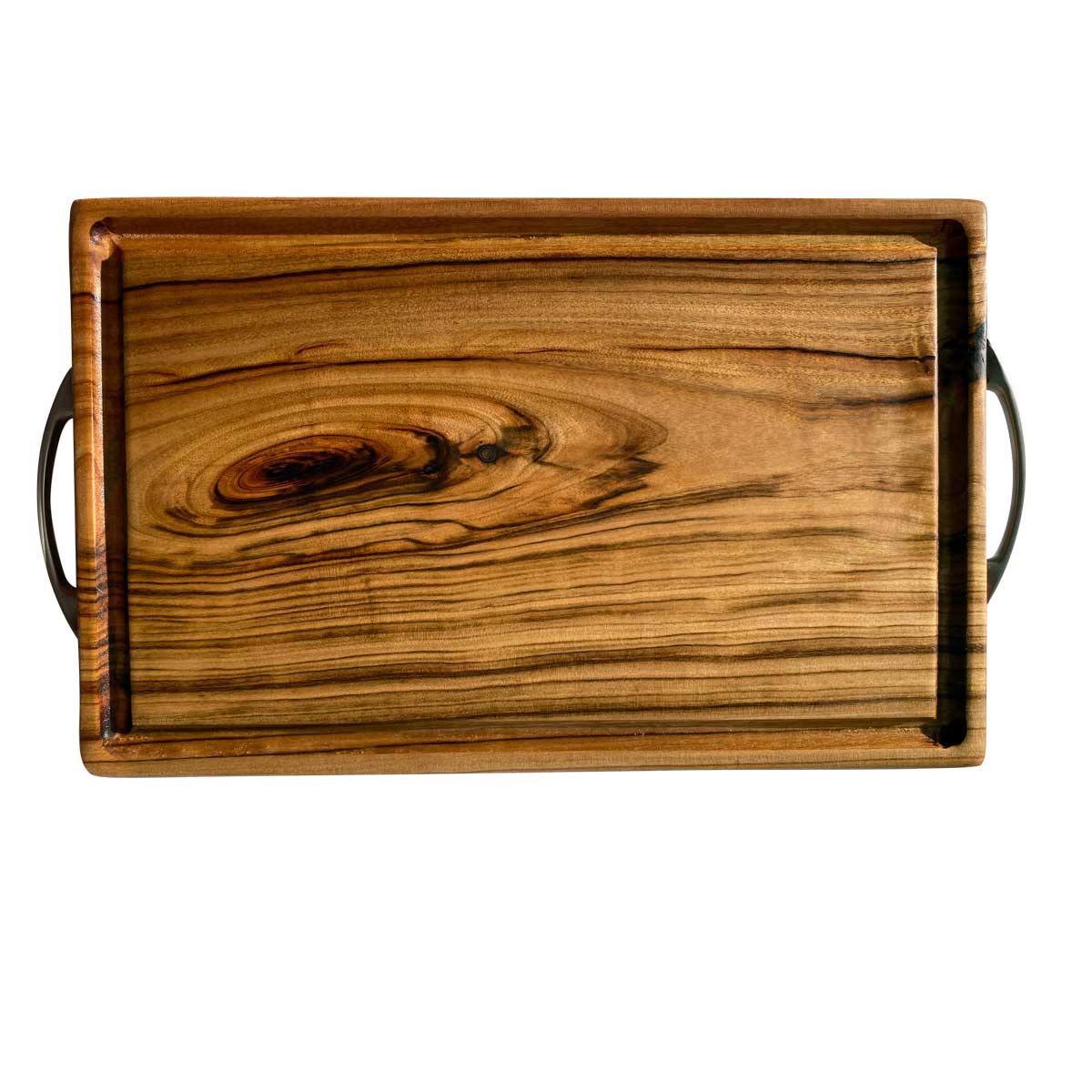 Nature's Boards large carving board with a deep groove or juice rail and stainless steel handles handmade from camphor laurel timber.