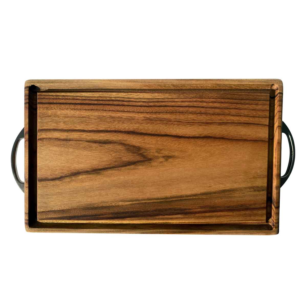 Extra large rectangular wooden carving board, with a deep juice rail or groove around the edge and stainless steel handles designed by Nature's Boards with camphor laurel timber that's naturally antibacterial.