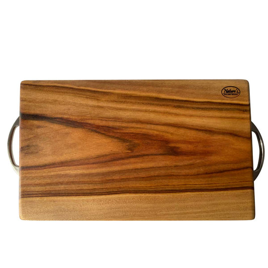 An extra large rectangular wooden carving board, a flat side opposite to the deep groove or juice rail and stainless steel handles designed by Nature's Boards with camphor laurel timber that's naturally antibacterial.