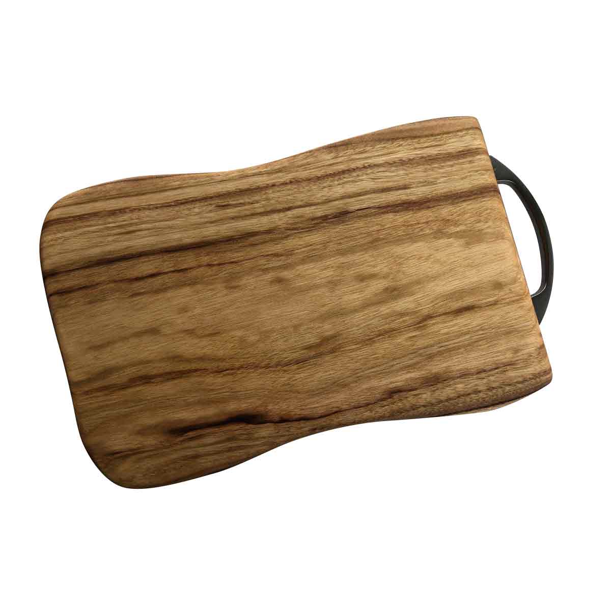 The flip side of a medium rectangular wooden cutting and chopping board with a stainless steel handle, it can also be used as a platter or charcuterie board. Designed by Nature's Boards from camphor laurel timber.