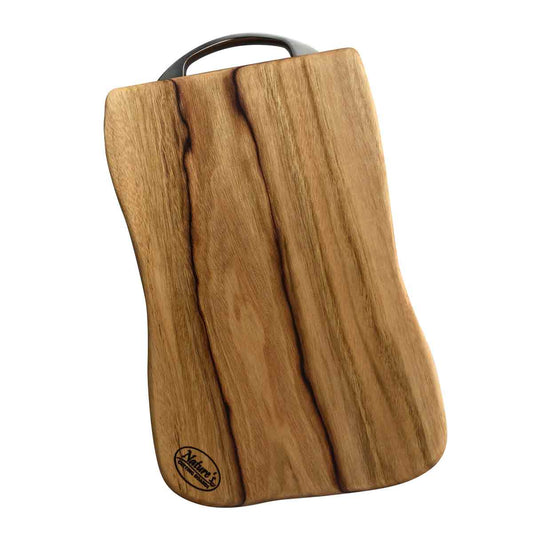 A medium rectangular wooden cutting and chopping board with a stainless steel handle, it can also be used as a platter or charcuterie board. Designed by Nature's Boards from camphor laurel timber.