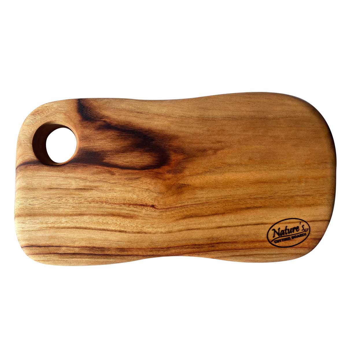 A small freeform wood chopping board, with a hole drilled through it for carrying and hanging, made from camphor laurel timber and handmade by Nature's Boards.