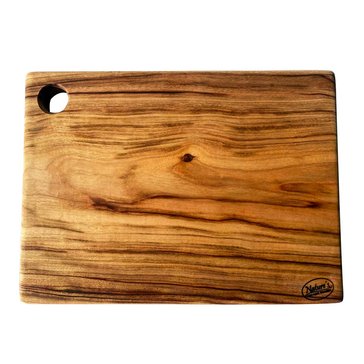 A stunning rectangular wood cutting and chopping board from Nature's Boards, designed with a round hole in one corner and a variety of colours and tones in the camphor laurel.