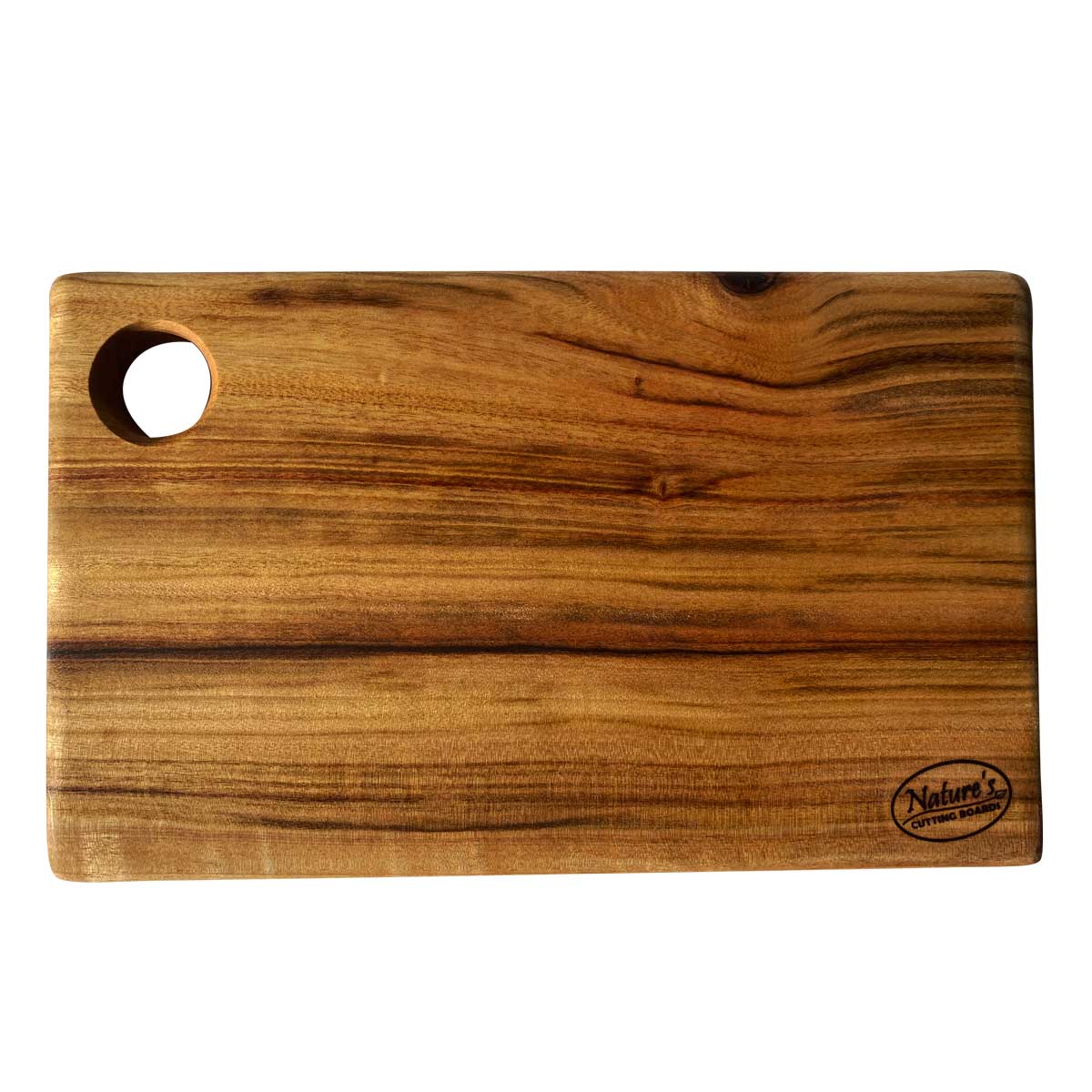 A small rectangular camphor laurel wood cutting board from Nature's Boards, designed with a round hole in the corner for easy handleing and hanging