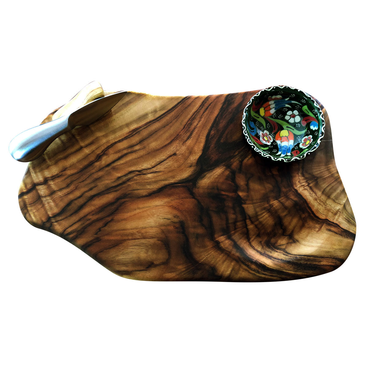 The Petite Platter is a small freefro camphor laurel wood cheese board with a magnetic knife and holder, and a small turkish bowl made by Nature's Boards